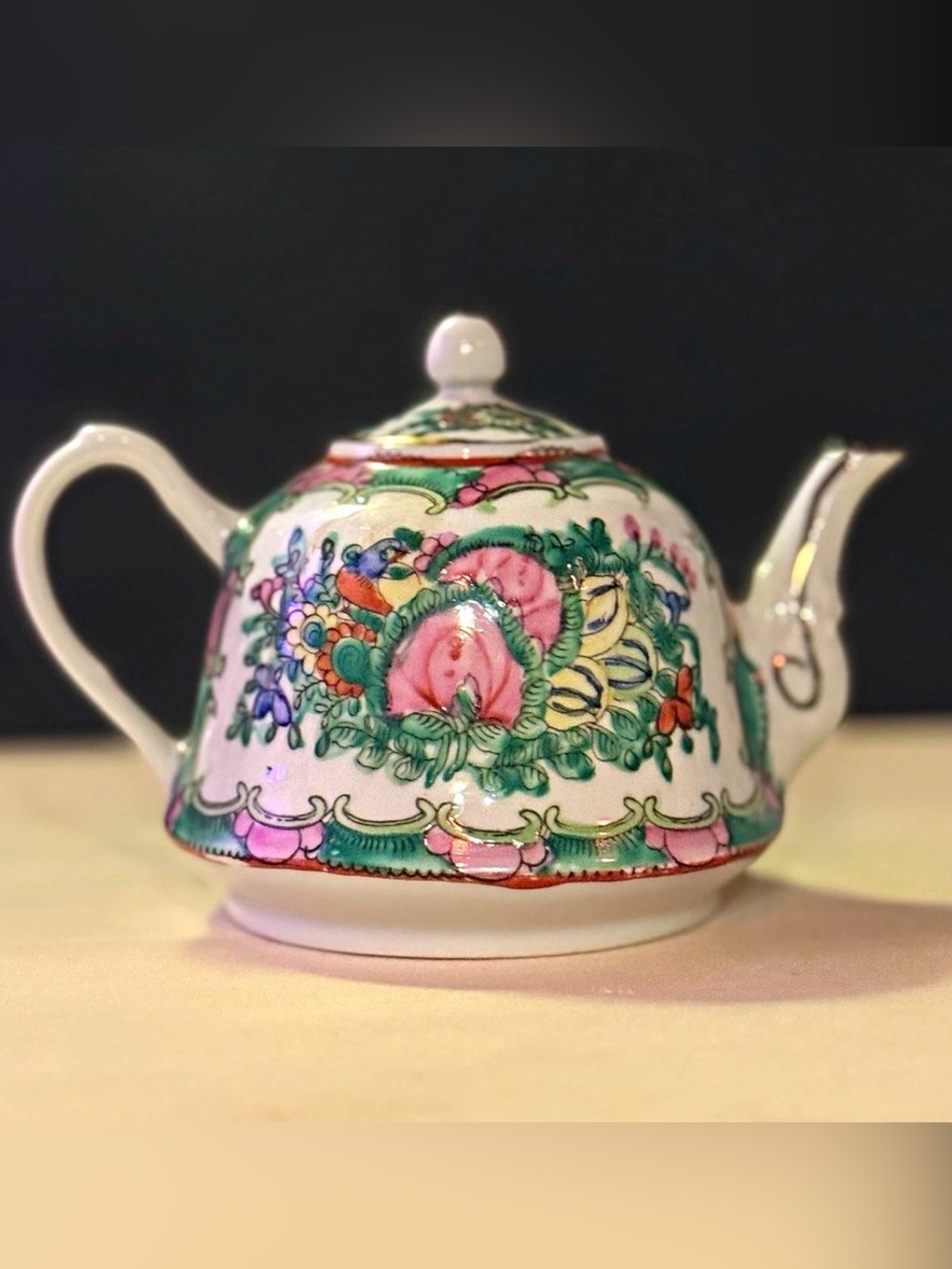 Vintage Hand Painted Famille Rose Medallion Miniature Teapot Hong Kong Porcelain